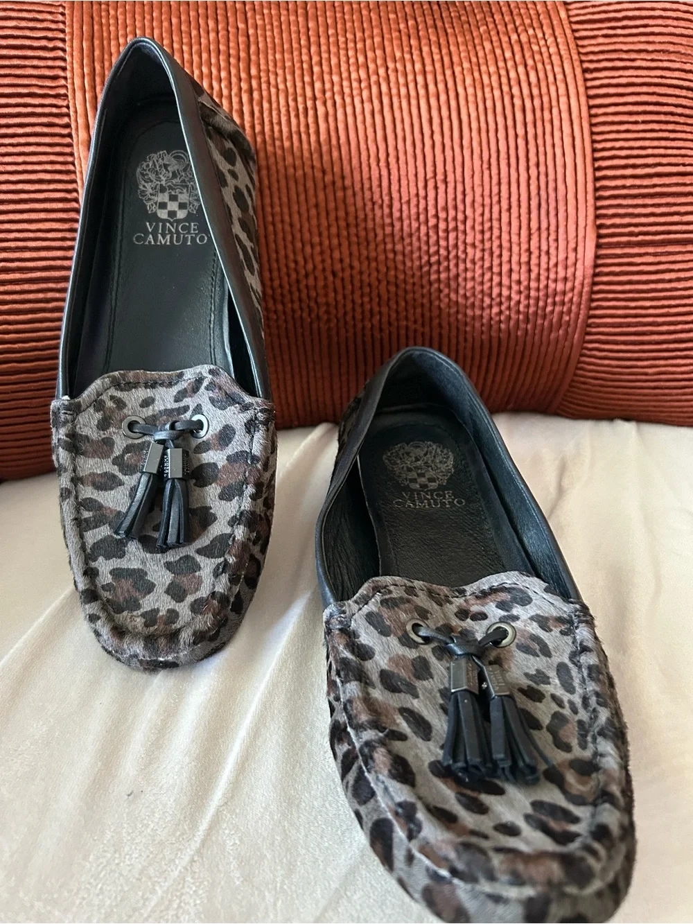 Cow Hair Vince Camuto Leopard Tassel Moccasins in Brown and Black